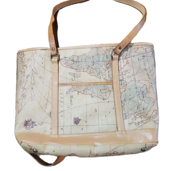 Allan Edward Leather World Map Begie Tote Bag Unique Map Design Shoulder Bag - Picture 13 of 16